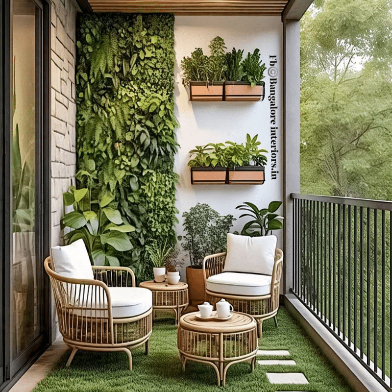 Cozy balcony seating area styled with a green wall and potted plants for a relaxing nature-inspired home setting