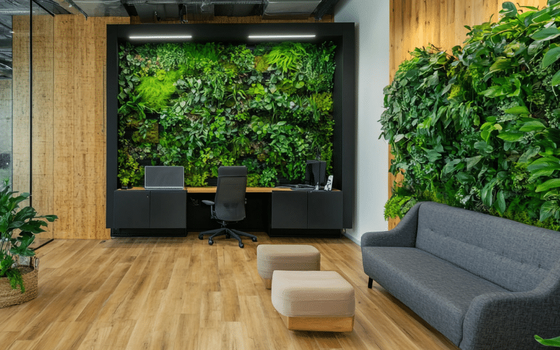Modern office interior featuring a large green wall that enhances workspace design and brings nature indoors