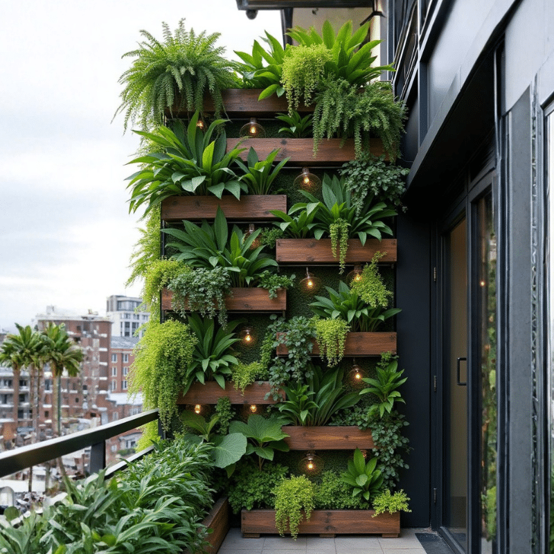 Vertical garden with lush green plants in wooden planters, styled for modern balcony décor and small outdoor spaces