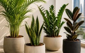 Balcony plants UAE featuring Areca palms and ZZ plants in covered outdoor patio Dubai apartment