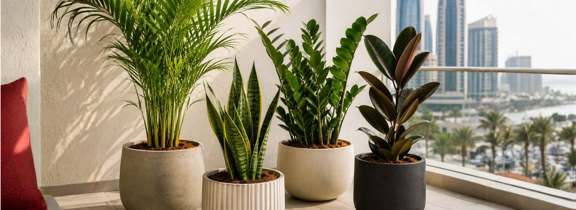 Best balcony plants UAE climate including Snake plant, Rubber plant, and Dracaena in modern planters