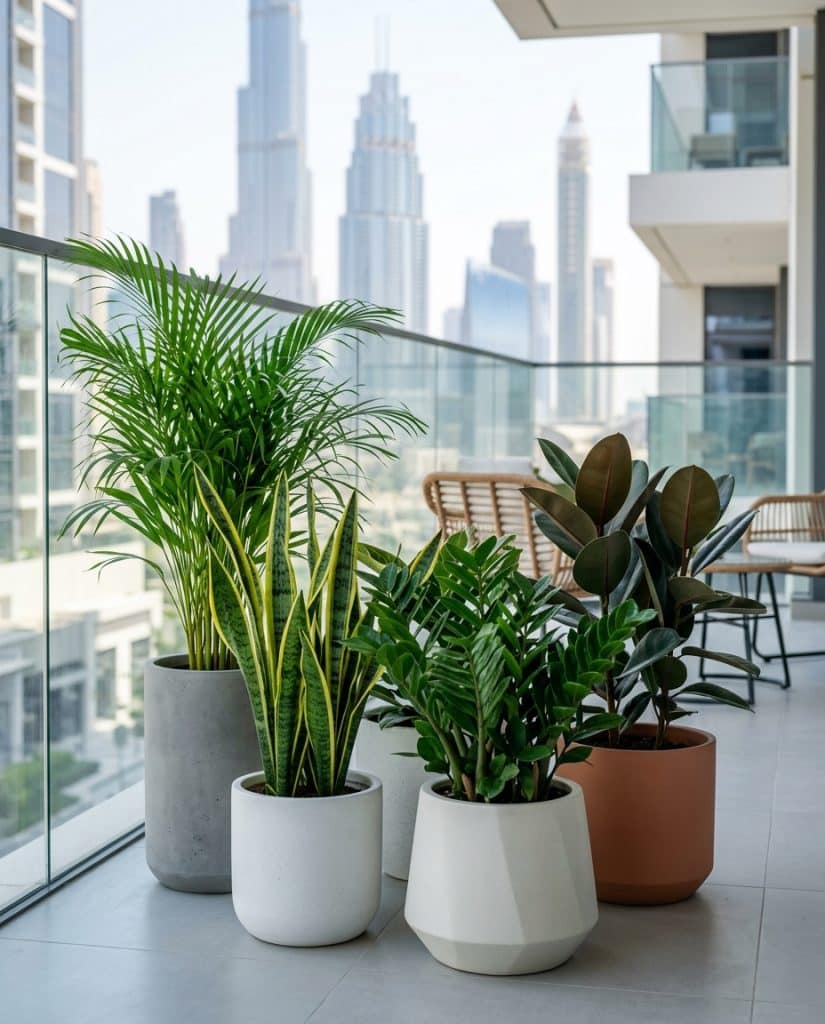 Balcony plants UAE selection showing Areca Palm and Ficus in contemporary planters for covered Dubai balcony