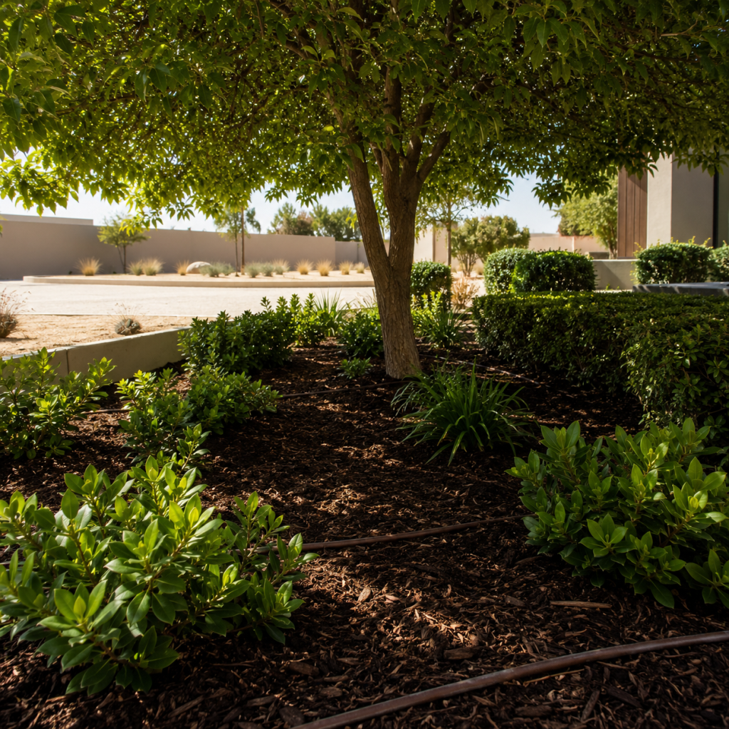 Well maintained Dubai garden bed with organic mulch and partial shade protecting healthy green shrubs