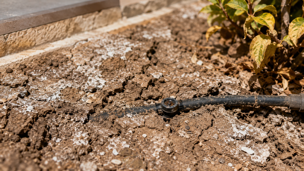 Close up of cracked, salt crusted soil in a Dubai garden bed with an exposed drip irrigation line