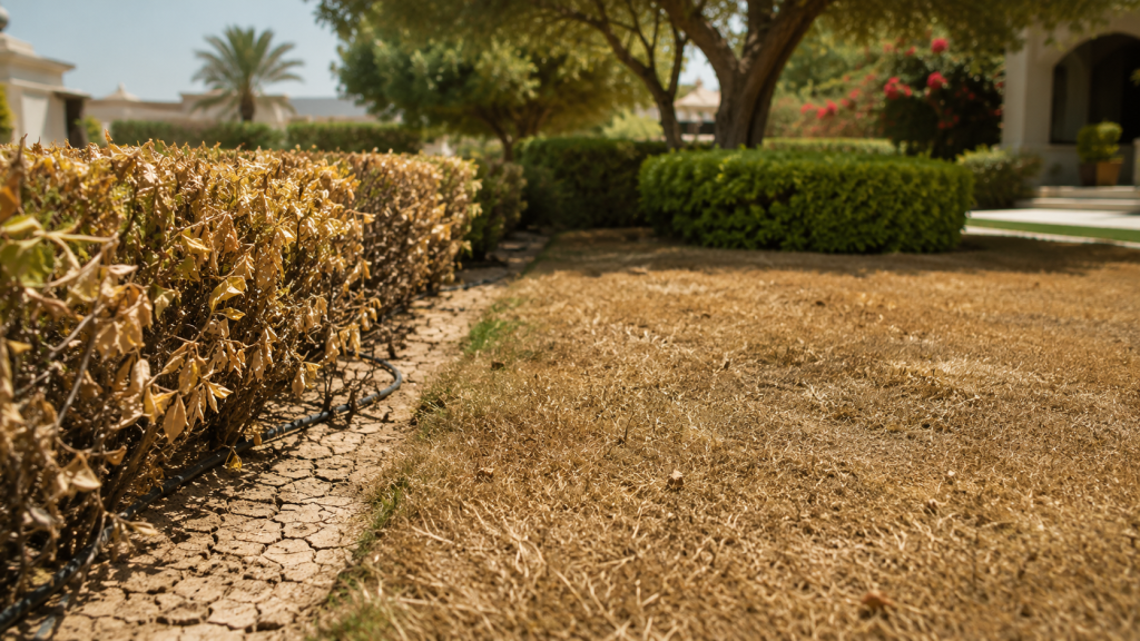 Outdoor Landscaping in Dubai villa garden in peak summer heat showing browned grass, wilted shrubs, and dry cracked soil