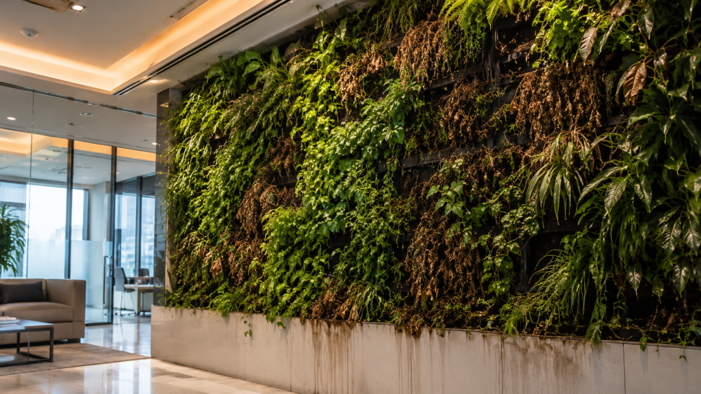 Failing indoor green wall in a Dubai office showing dead patches, uneven growth, and water staining