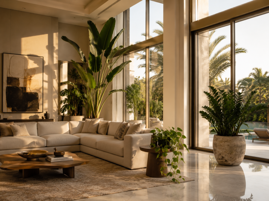7 Expert Tips for Plant Lighting in Dubai Homes (Natural, LED and Spotlighting) 1 Plant lighting Dubai home with lush indoor plants in a sunlit UAE villa living space