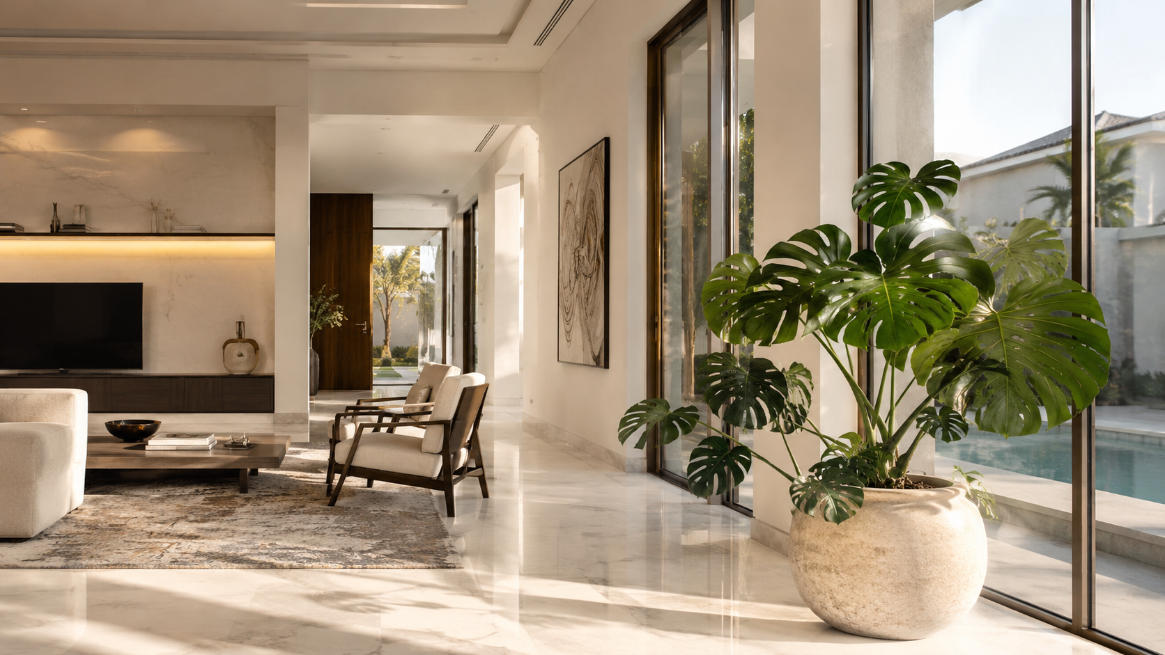 Plant lighting Dubai home with lush indoor plants in a sunlit UAE villa living space