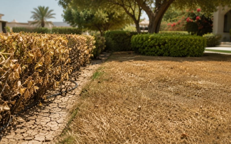 Lush, thriving Dubai villa garden representing expert summer landscaping care by Plantscapes