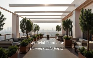 Commercial artificial plants installed on a sun exposed rooftop terrace