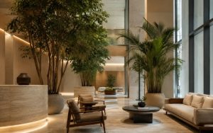 Thriving indoor plants commercial spaces UAE office lobby with natural daylight