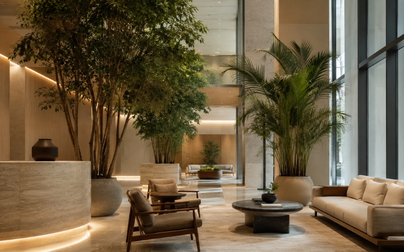Thriving indoor plants commercial spaces UAE office lobby with natural daylight