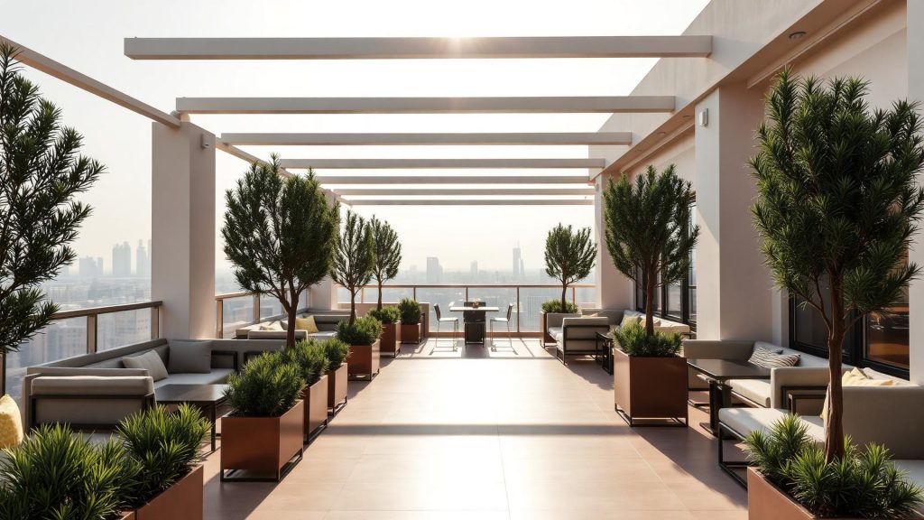 Commercial artificial plants installed on a sun exposed rooftop terrace