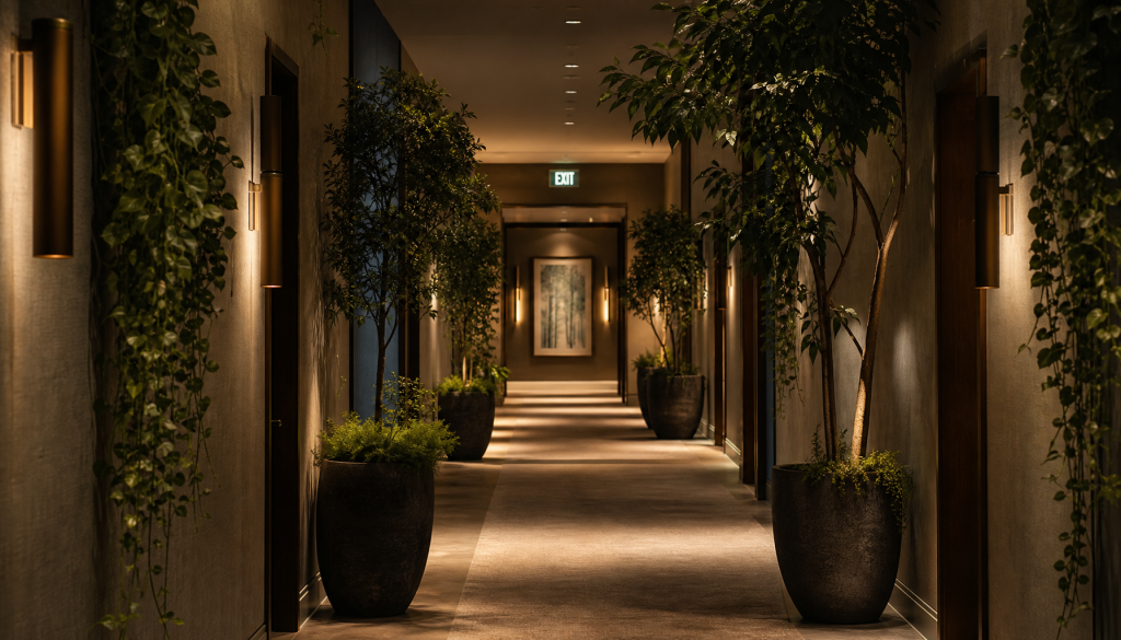 Artificial plants commercial spaces UAE installed in a windowless hotel corridor