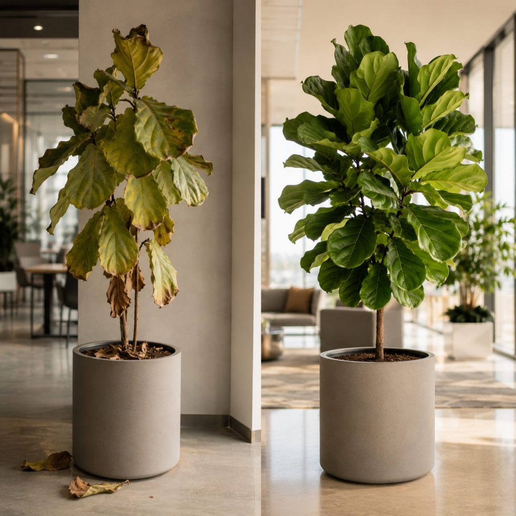 Before and after comparison showing improved plant health under an annual maintenance contract plants Dubai programme