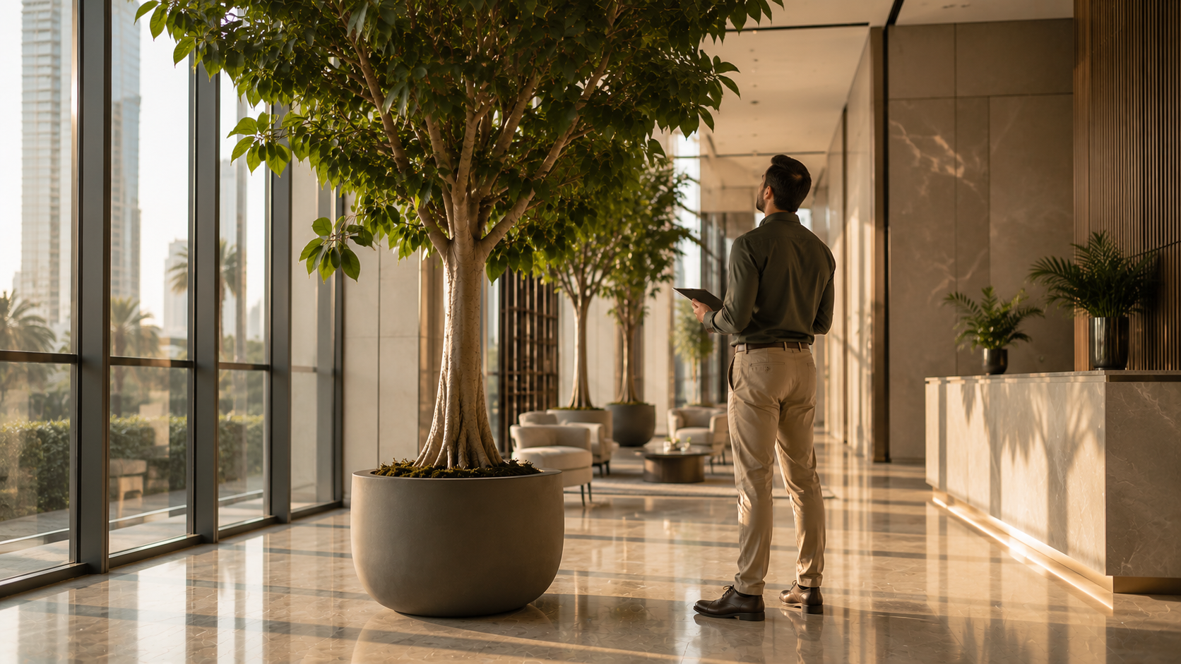 Facilities manager reviewing AMC plant maintenance UAE checklist in a commercial lobby