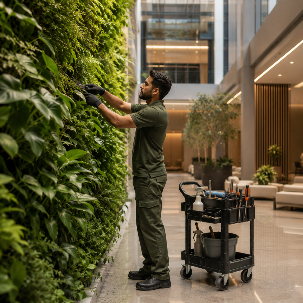 Plantscapes technician pruning a green wall as part of a scheduled AMC plant maintenance UAE visit