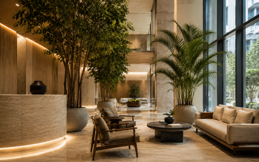 Thriving indoor plants commercial spaces UAE office lobby with natural daylight