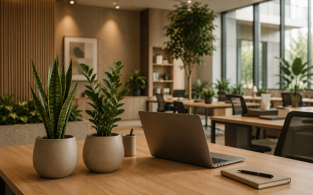 Low maintenance office plants Dubai arrangement on a workspace desk