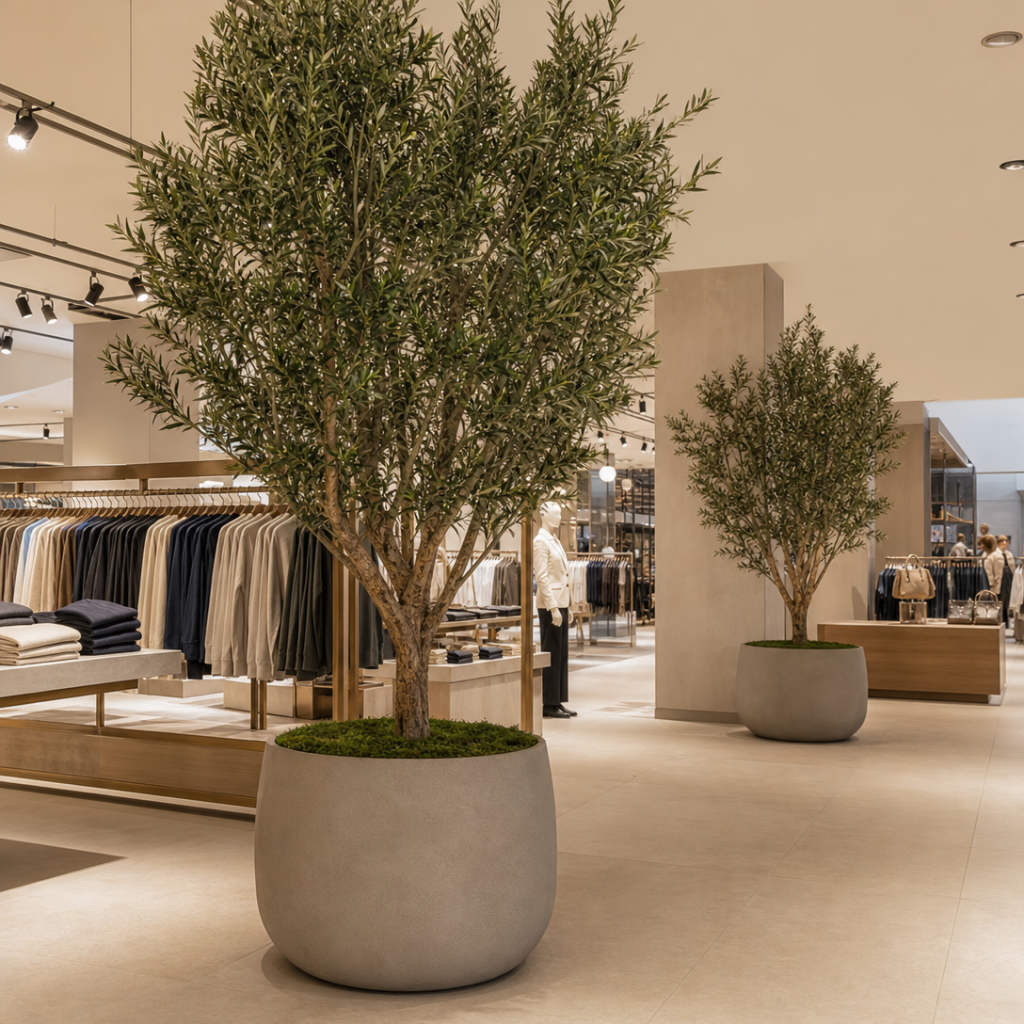 Premium artificial plants Dubai styled in a retail storefront display