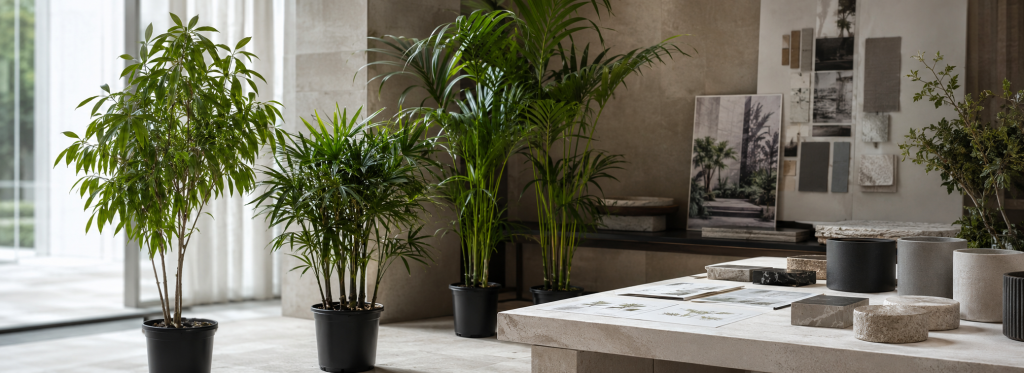 Indoor plant specification review showing different plant heights, forms and canopy spreads in a UAE design studio