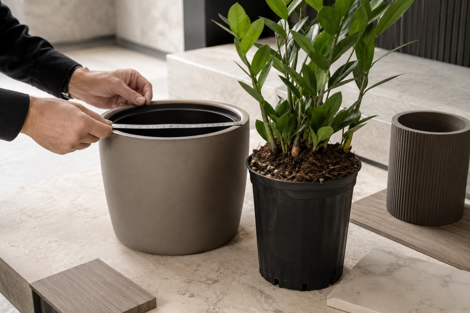 Indoor plant nursery pot size being checked against a decorative planter for project coordination