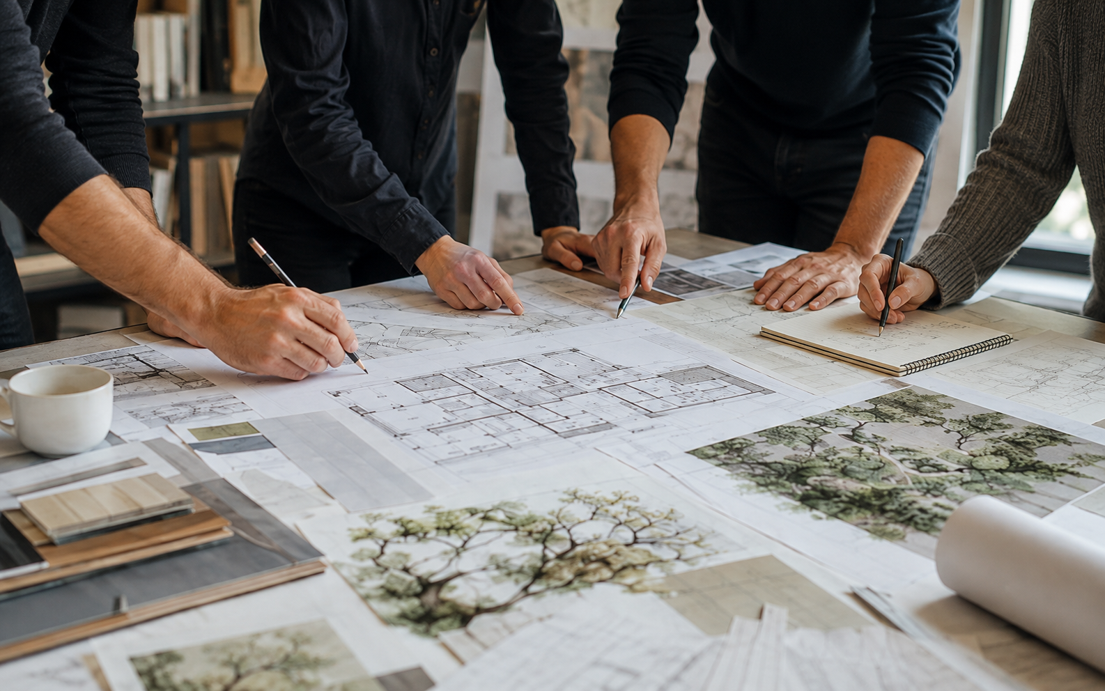 Architects and landscape designers reviewing a sustainable landscape design UAE concept plan at the earliest design stage