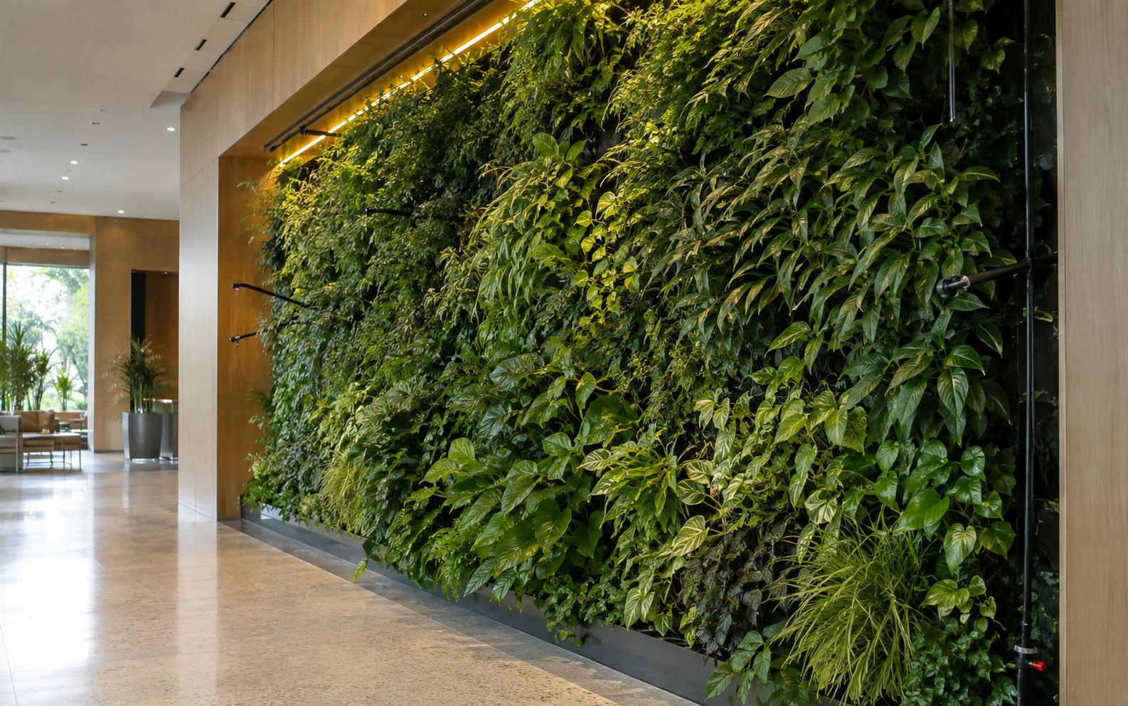 A thriving green wall that was planned at concept stage as part of sustainable landscape design UAE developers specified