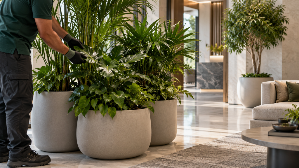 Commercial interior planting planned around seating and clear circulation routes