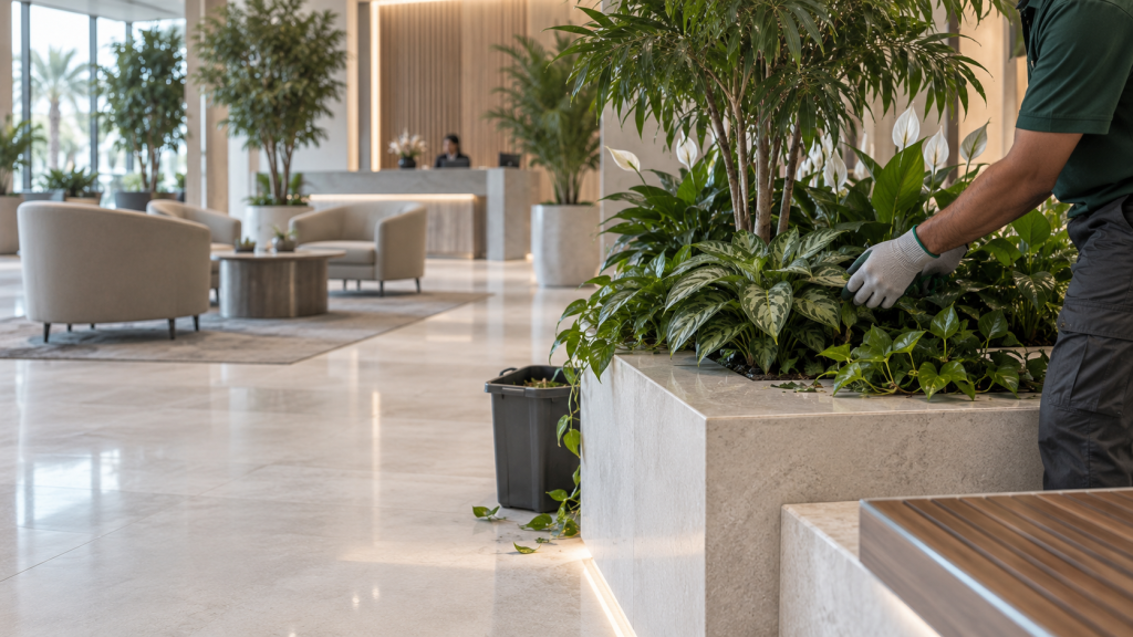 Horticultural specialist maintaining indoor planting with clear access in a healthcare reception area