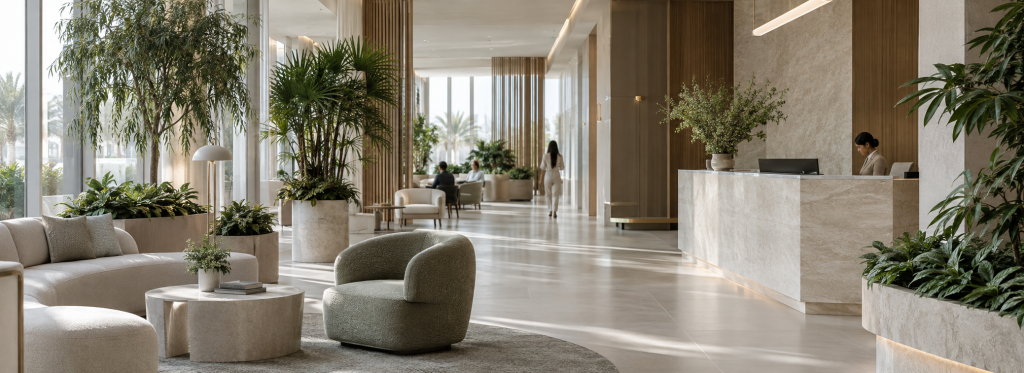 Indoor planting for healthcare interiors integrated into a refined UAE clinic or wellness reception