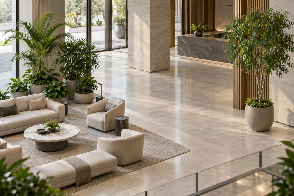 Commercial interior planting planned around seating and clear circulation routes