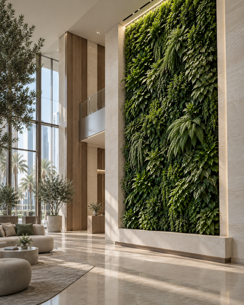 Integrated plant lighting supporting an indoor living green wall in a UAE interior