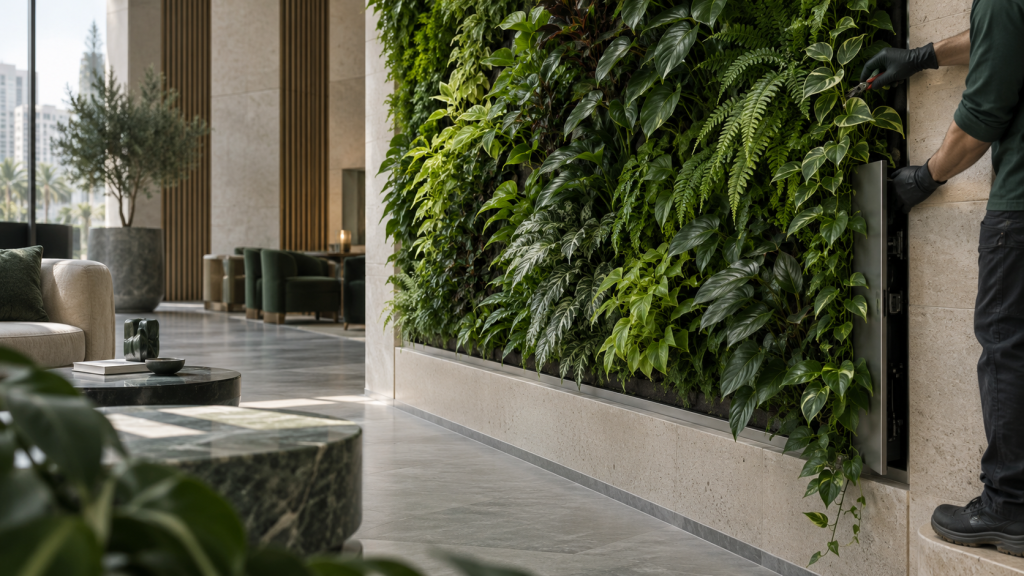 Horticultural maintenance of a living green wall with discreet service access