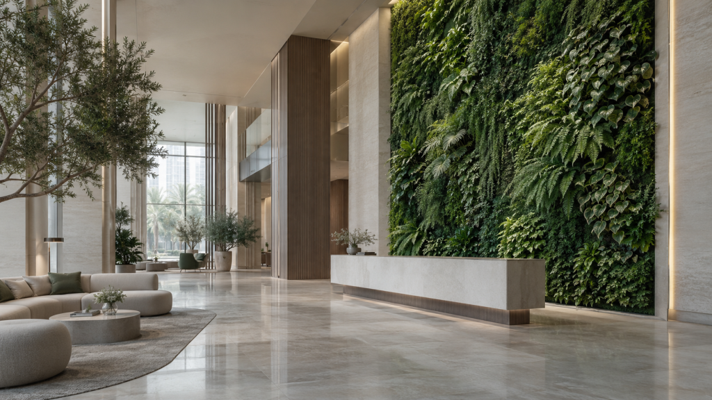 Living green wall system integrated into a premium UAE commercial interior
