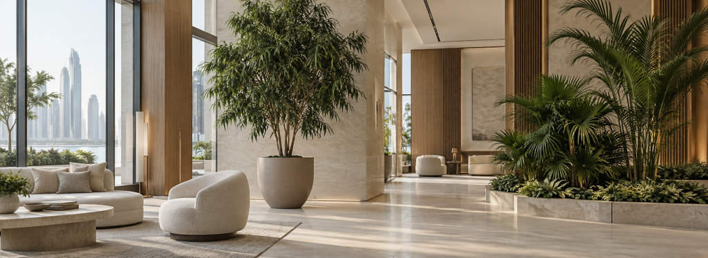 Statement plants and plant groupings in a refined commercial interior