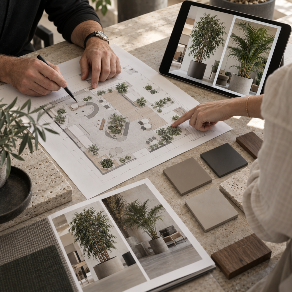 Event stand designer reviewing plant locations and planter finishes before installation