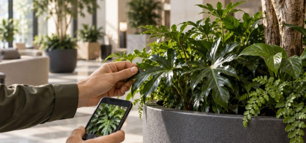 Horticulturist checking indoor plant condition during project handover