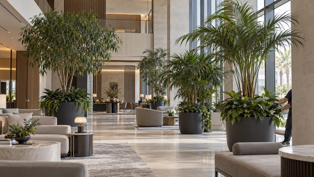 Professional indoor plant maintenance following a completed FM handover in the UAE
