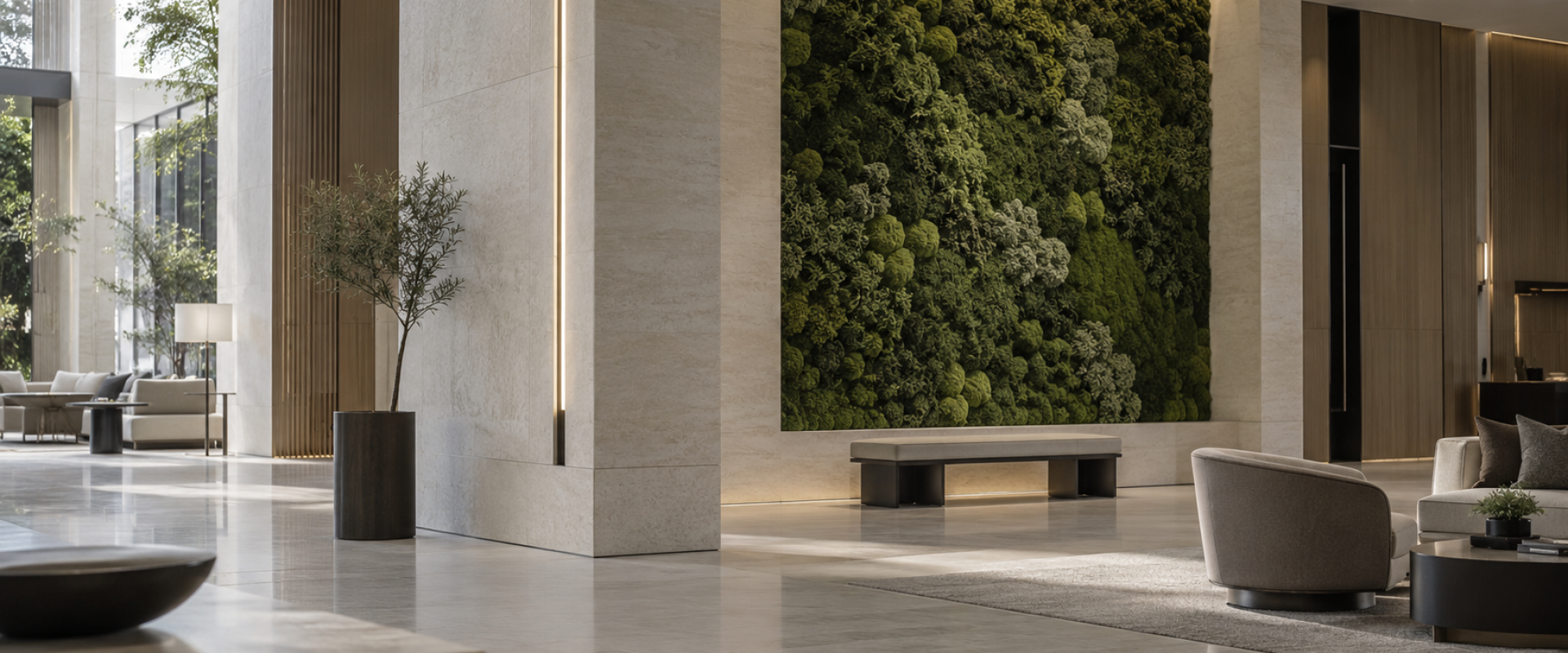 Moss wall for commercial interiors positioned in a dry shaded luxury hotel lobby in the UAE