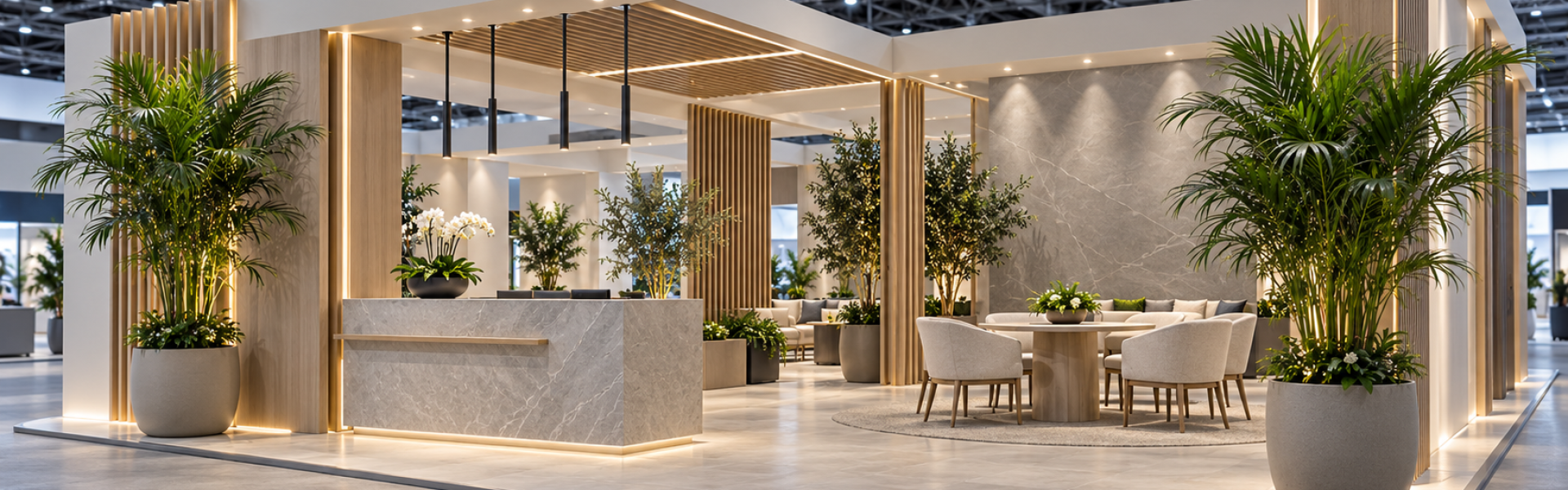 Plant rentals for exhibitions in Dubai arranged in a refined premium exhibition stand