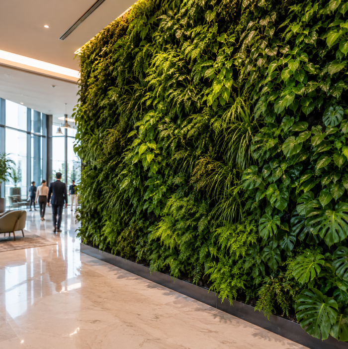 Thriving, lush living green wall in a modern Dubai office or hotel lobby with natural daylight