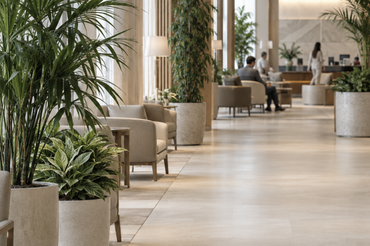 Healthcare waiting area planting arranged outside clear circulation routes in a UAE interior