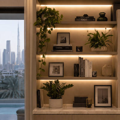 LED grow lights UAE home bookshelf with tropical indoor plants
