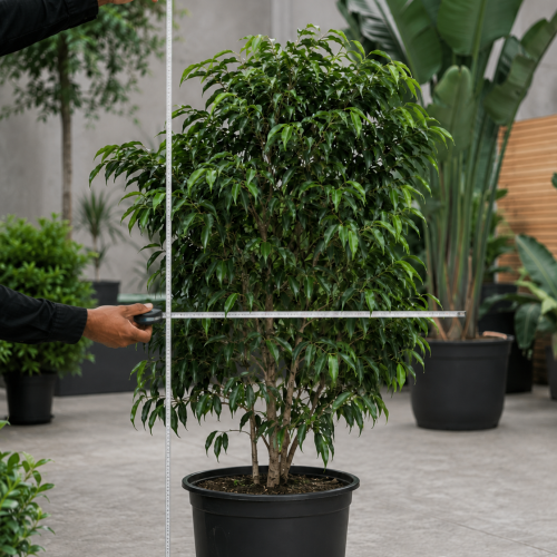Horticultural specialist measuring indoor plant height and canopy spread for a commercial plant specification